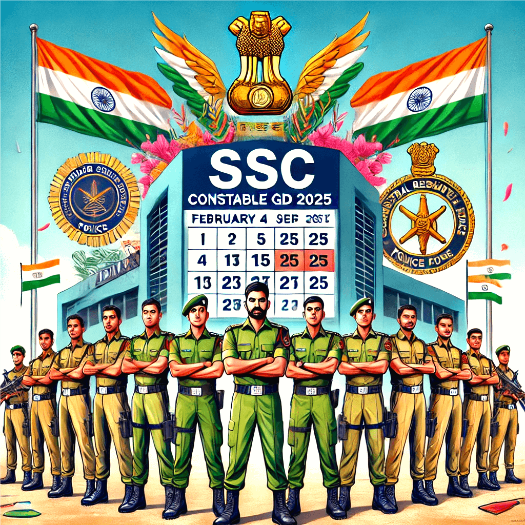 An illustration of SSC Constable GD 2025 aspirants in uniforms with a backdrop of paramilitary flags, a digital calendar, and preparation tools.